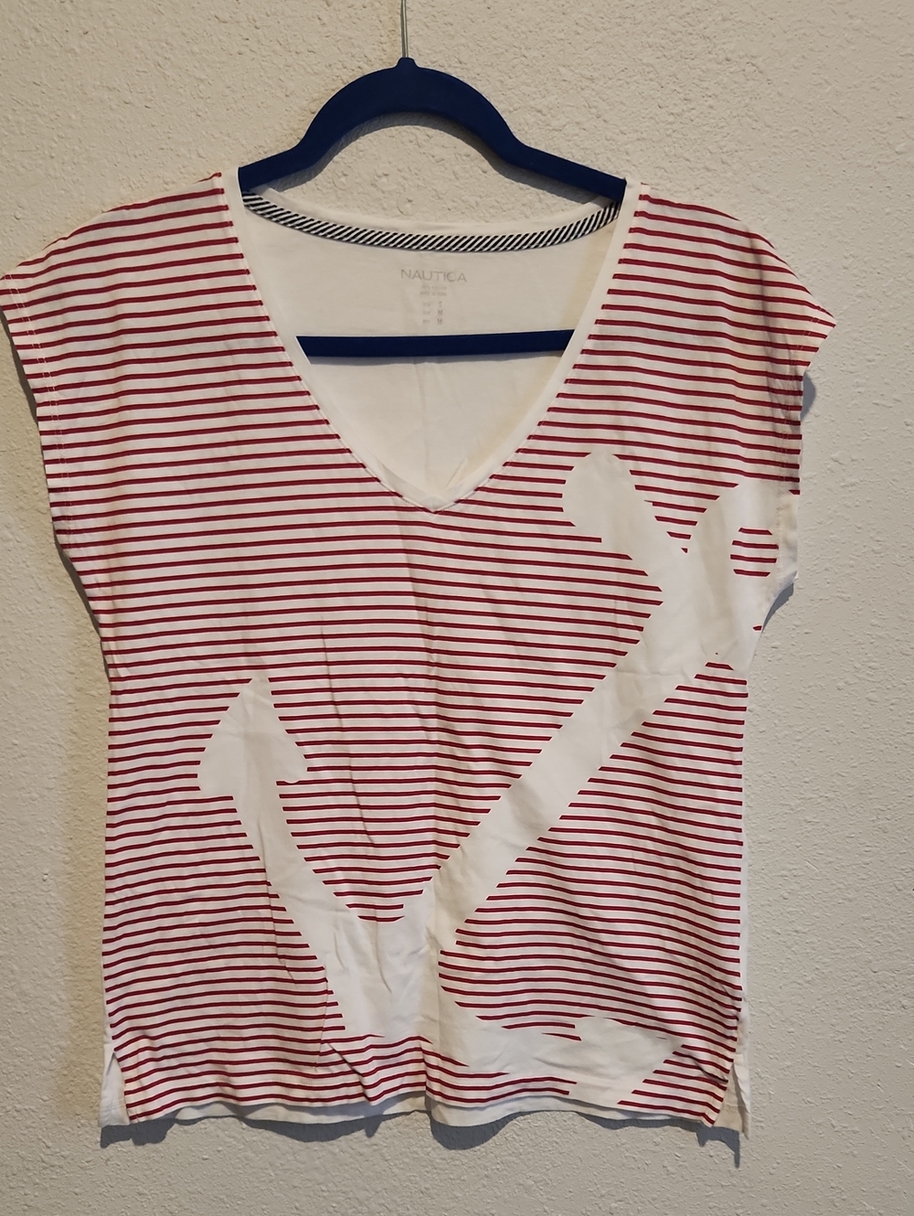 Nautica Red White Stripe Anchor Graphic V-Neck Tee 100% Cotton S